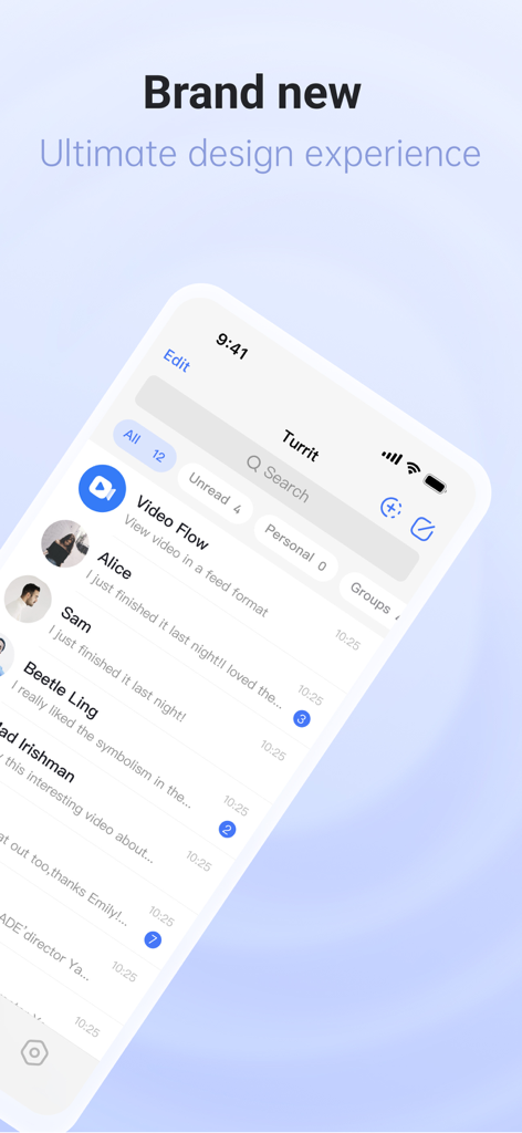 Screenshot der Turrit Messenger App-Oberfläche, die die Chat-Liste und die Video-Flow-Funktion mit einem sauberen, modernen Design zeigt