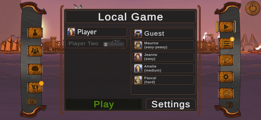 Local game setup screen in Le Havre The Inland Port showing AI difficulty levels and player selection.