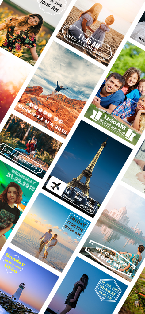 Collage of photos with custom date and time stamp templates