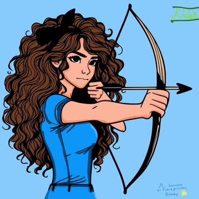 a woman with curly and messy hair using a bow to shoot arrow realistic
