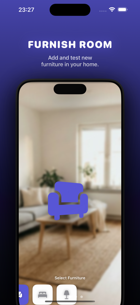 仮想家具配置用の青いアームチェアアイコンが表示されているARchitectアプリの家具配置機能を示すスマートフォンのインターフェース。
