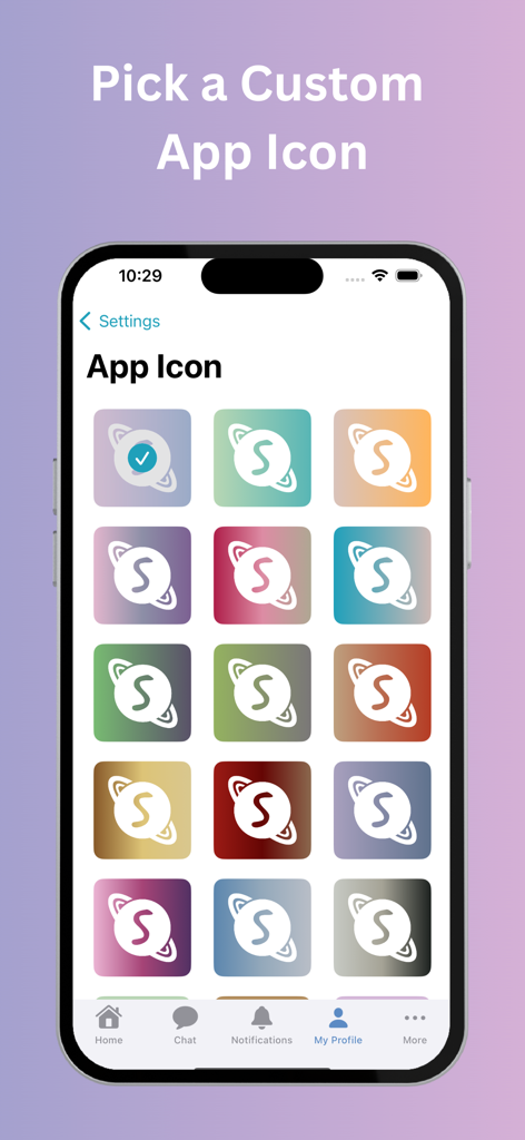 Swift Space - Find Swifties - A grid of various colorful custom app icon options for users to personalize the Swift Space app