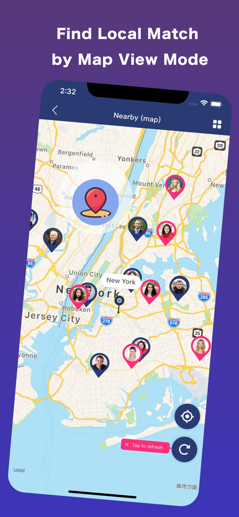 Sweet Dating for Adult Singles - Sweet dating app map interface displaying local singles profiles on a map of New York City