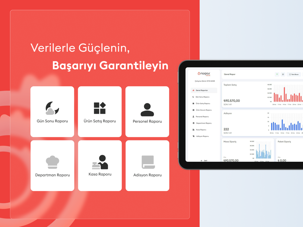 NarPOS Cloud - Panel de gestión de restaurantes NarPOS Cloud que muestra gráficos de ventas y opciones de informes en una tableta