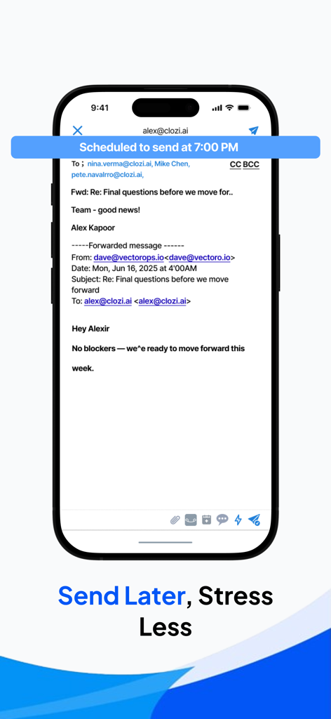 Polymail mobile app interface showing an email draft scheduled to be sent later with the text Send Later Stress Less
