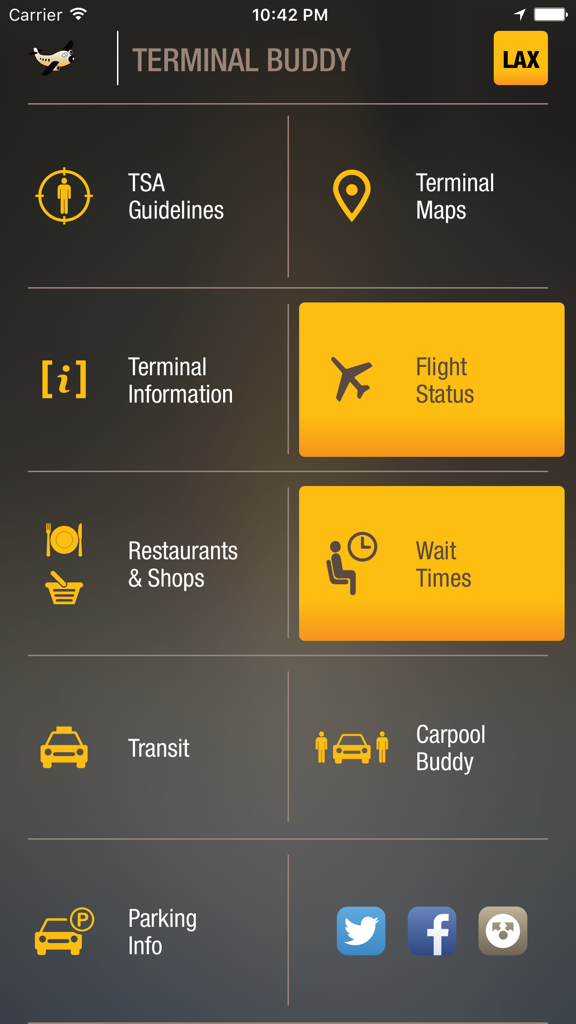 Écran principal de l'application Terminal Buddy avec des boutons de navigation pour le statut des vols et les temps d'attente