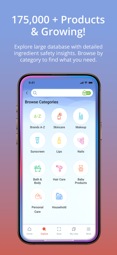 SkinSAFE: AI Skincare Scanner - SkinSAFE app screen displaying various product categories for safe skincare makeup and household items