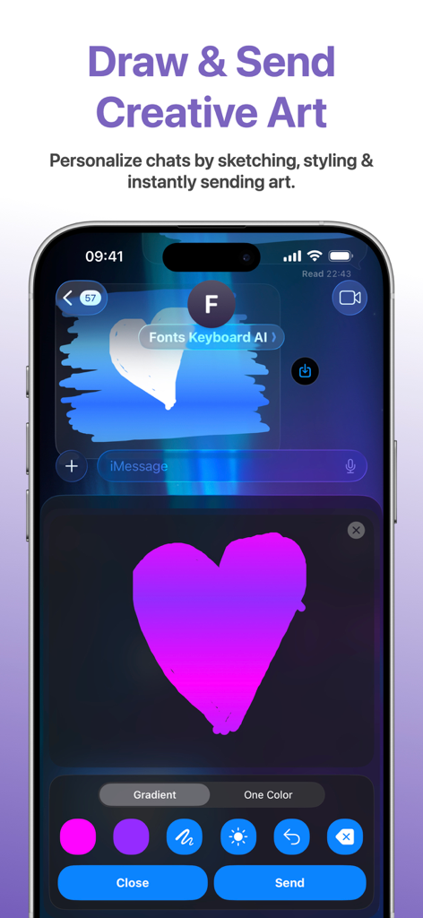 Fonts Keyboard AI - A hand drawn purple heart shown within the creative art sketching interface of the Fonts Keyboard AI app