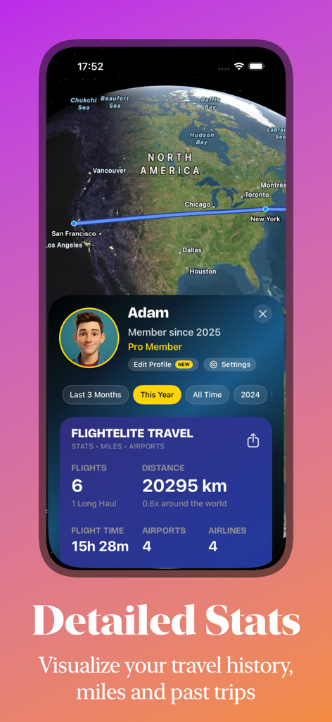 Flight Tracker: FlightElite AI - A dashboard in the FlightElite AI app showing a user profile with detailed travel statistics including total flights, distance, and flight time.