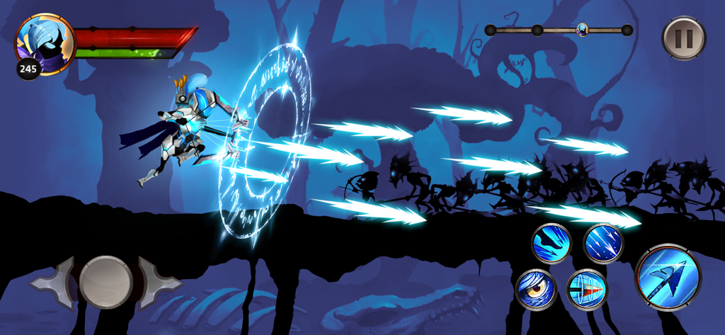 Arqueiro stickman lançando flechas de energia azul contra monstros de sombra em uma floresta escura