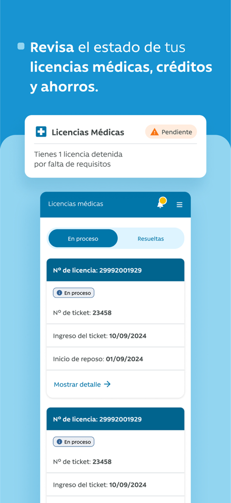 Bildschirm der Caja Los Andes Mobile App zur Verfolgung des Status und der Details von medizinischen Lizenzen