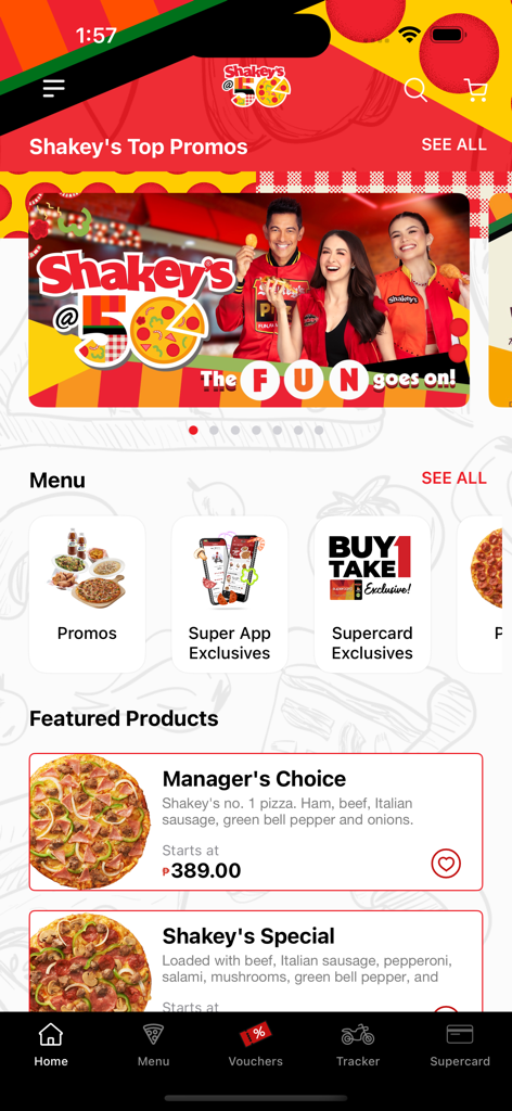 Shakeys Super App home screen showing pizza menu and promotional offers