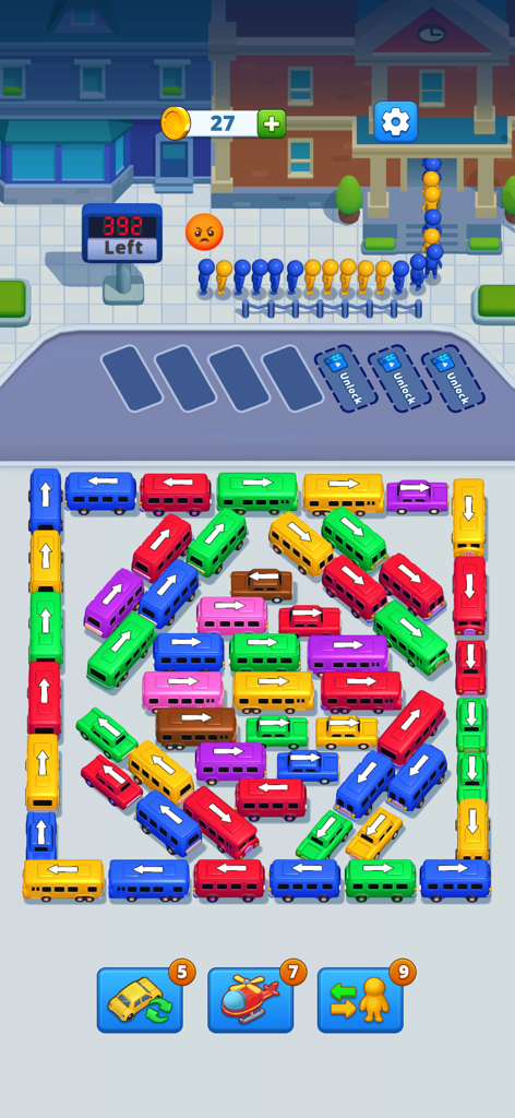 Bus Parking Jam: Chaos Escape - A colorful puzzle level in Bus Parking Jam Chaos Escape showing various buses and passengers