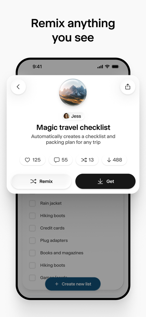 Wabi - La interfaz de la app Wabi muestra una miniapp Magic Travel Checklist con botones para remezclarla u obtenerla.