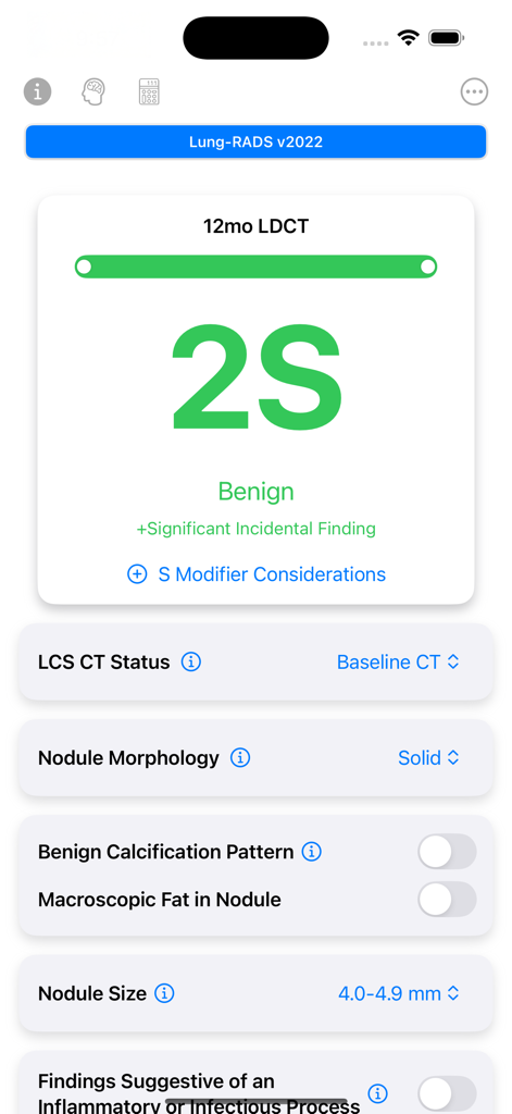 Lung Cancer Screening Guide - Interface of Lung Cancer Screening Guide app showing a Lung-RADS score of 2S for a benign finding.