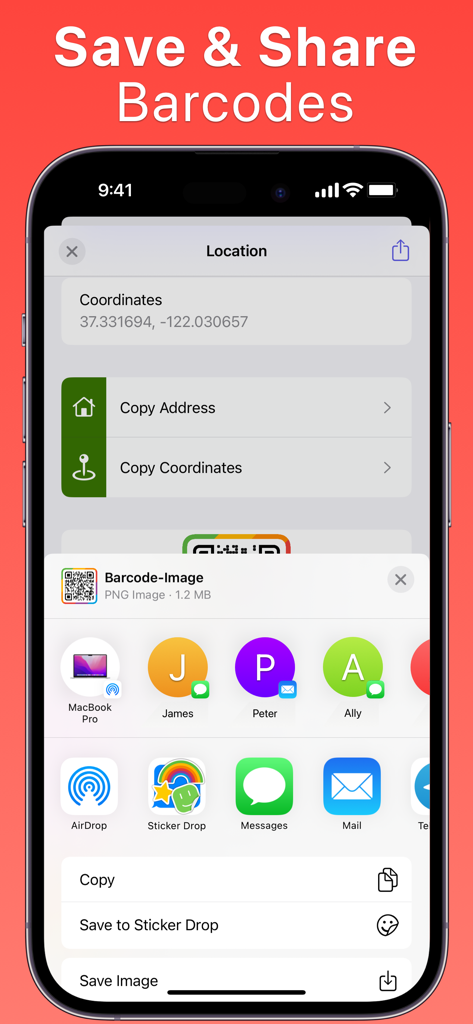 QR Barcode Generator Scanner - Interface for saving and sharing a location-based QR code via the iOS share sheet
