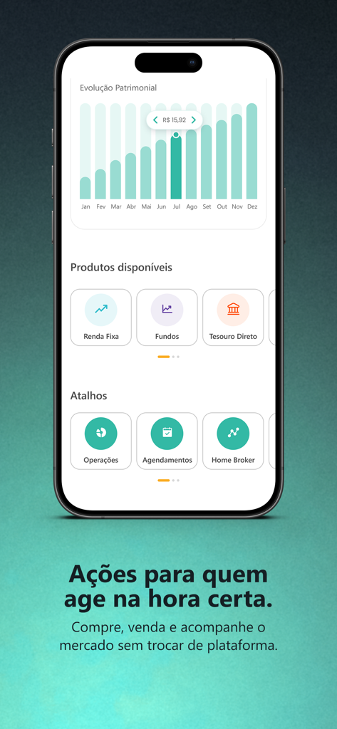 Interfaz de la aplicación Sofisa Direto que muestra un gráfico de barras de evolución del patrimonio e iconos de inversión para renta fija y fondos.