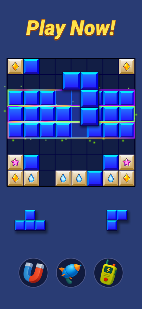 ブロックブレイカーのゲームプレイ画面。特別なアイコンとパワーアップブースターがある青いブロックパズルのグリッドを表示。