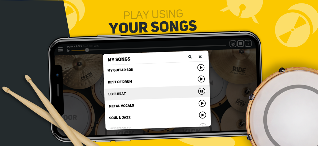 Super Drum app interface for playing drums along with your own music