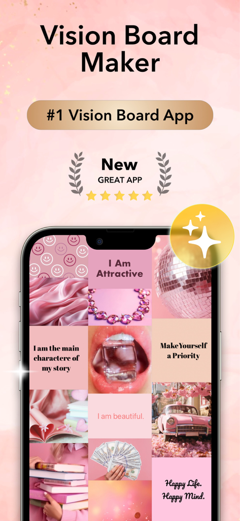 Vision Board ++ Maker Manifest - Interface de l'application Vision Board Maker montrant un tableau d'ambiance esthétique avec des affirmations positives