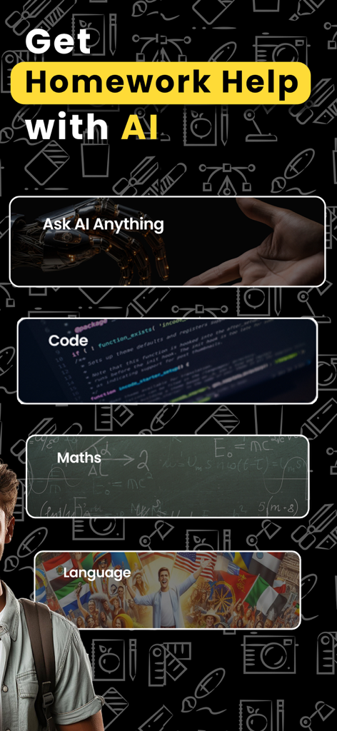AI Math - Homework Helper - AI Math Homework Helper app main screen showing options for math coding and language assistance
