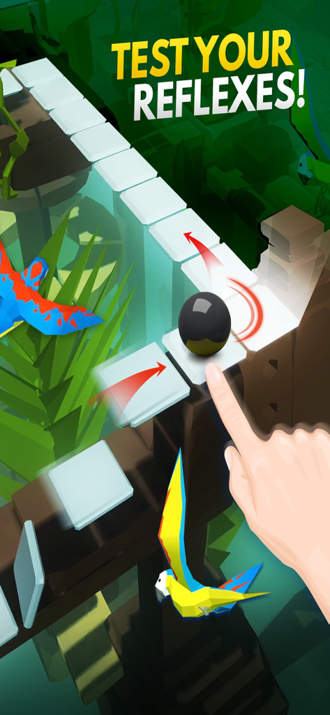 Dancing Ball World: Music Game - A hand guiding a black ball through a tropical path in Dancing Ball World with the caption test your reflexes