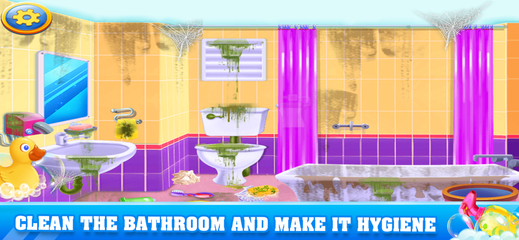 Una escena de baño sucio en el juego House Clean con un lavabo, inodoro y bañera esperando ser limpiados