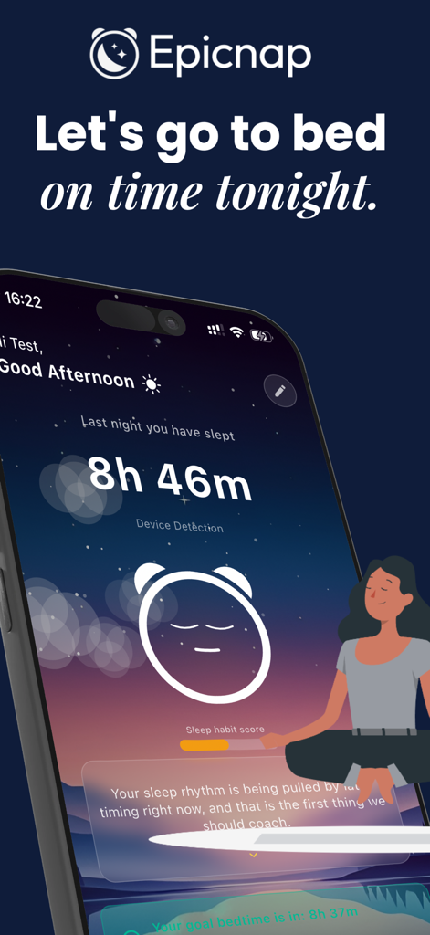 Epicnap: Sleep Procrastination - A smartphone showing the Epicnap app dashboard with sleep duration data and a sleep companion character character to help users go to bed on time.