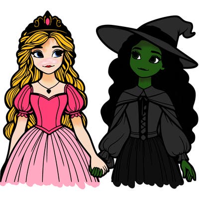 a princess and a witch holding hands realistic