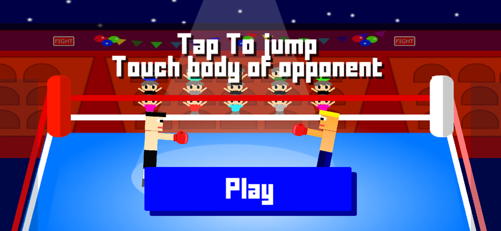 Bouncy Boxing - Bouncy Boxing game start screen with physics-based characters in a boxing ring and gameplay instructions
