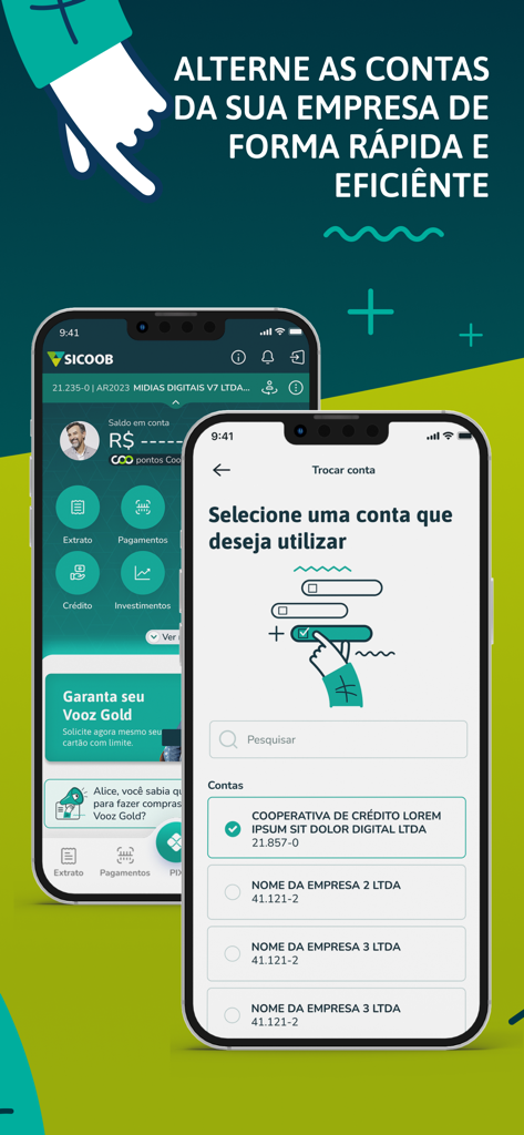 Sicoob - Interfaz de la aplicación Sicoob para cambiar entre múltiples cuentas de negocios