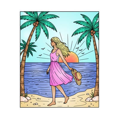 sunset on the beach with a young woman.