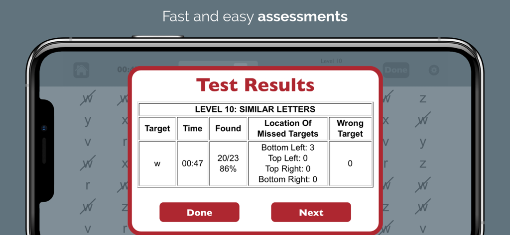 A mobile device displaying a test results summary screen within the Visual Attention Therapy app showing accuracy and missed target data.