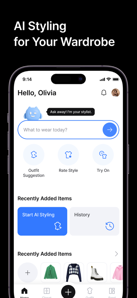 User interface of the Acloset app showing an AI stylist chat assistant and daily outfit suggestions.
