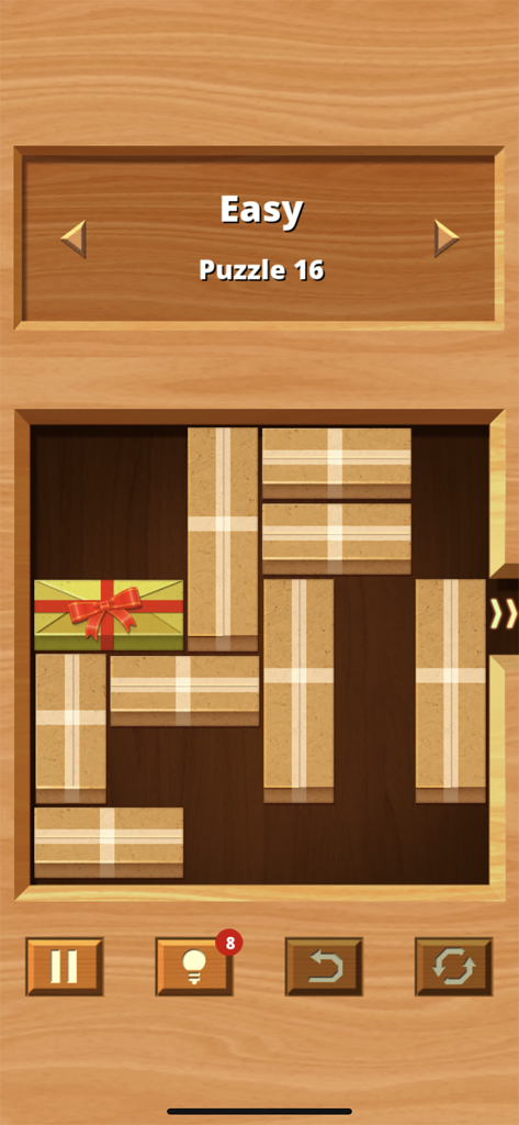 Captura de tela da jogabilidade do Unblock Block mostrando um quebra-cabeça de blocos deslizantes com tema de madeira e caixa de presente