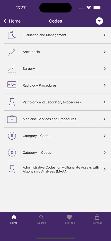 CPT QuickRef - CPT QuickRefアプリの、手術、麻酔、放射線科などの医療CPTコーディングカテゴリのリスト。