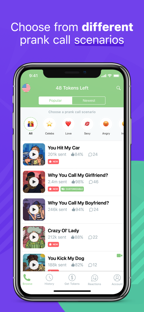 PrankDial - #1 Prank Call App - PrankDial mobile app screen showing a list of prank call scenarios like You Hit My Car and Why You Call My Girlfriend.