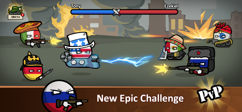 Countryballs - Zombie Attack - Countryball characters from various nations fighting in a PvP battle with weapons and tanks.