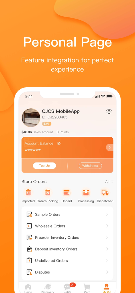 CJdropshipping app mobile interface showing personal account dashboard with balance and order tracking