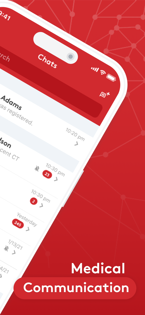 Join - Medical Communication - A smartphone screen displaying the chat interface of the Join medical communication app showing clinical message threads.