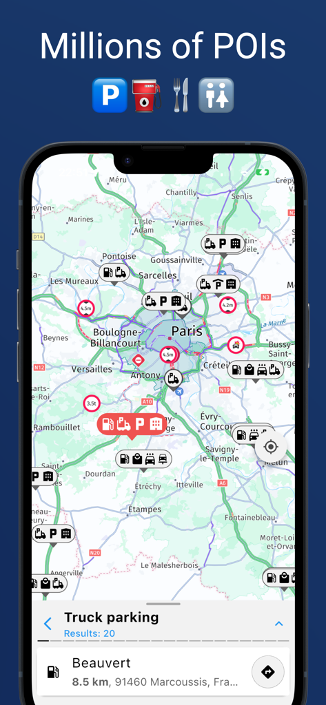 NaviTruck GPS map showing truck parking points of interest and service centers on a mobile interface