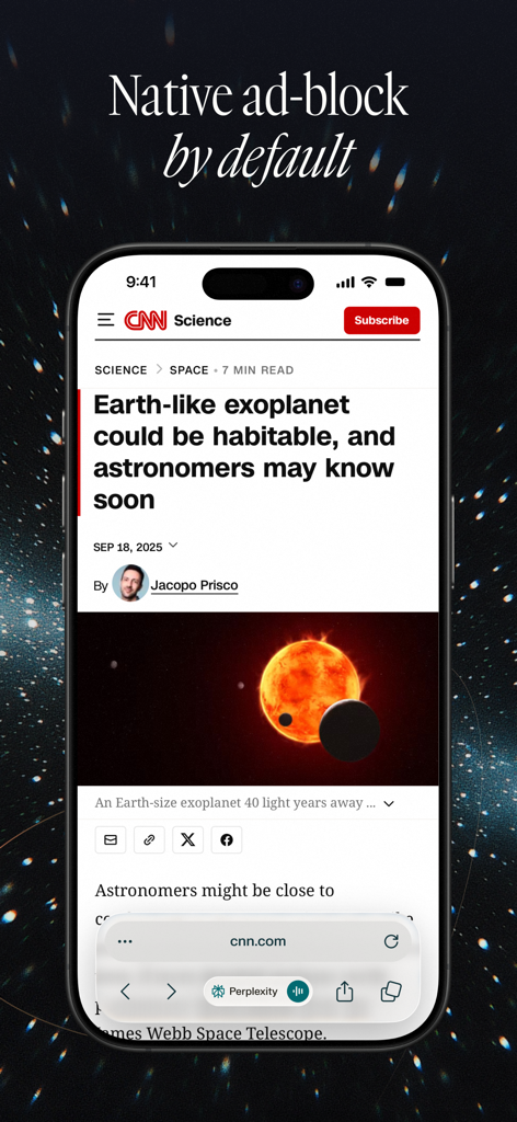 Comet - AI Personal Assistant - Comet AI browser displaying a science article with native ad block enabled.