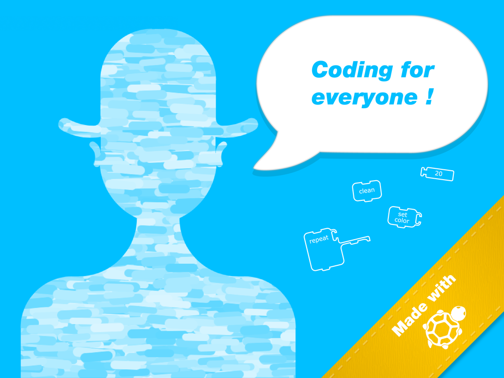 A silhouette of a person in a hat made with turtle art code blocks and a speech bubble saying coding for everyone