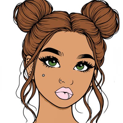 realistic girl with two buns on her hair and lips