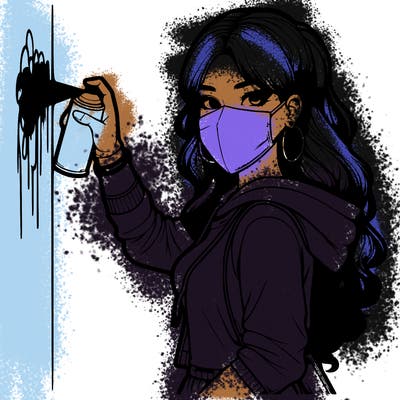 realistic girl with mask spray painting a wall