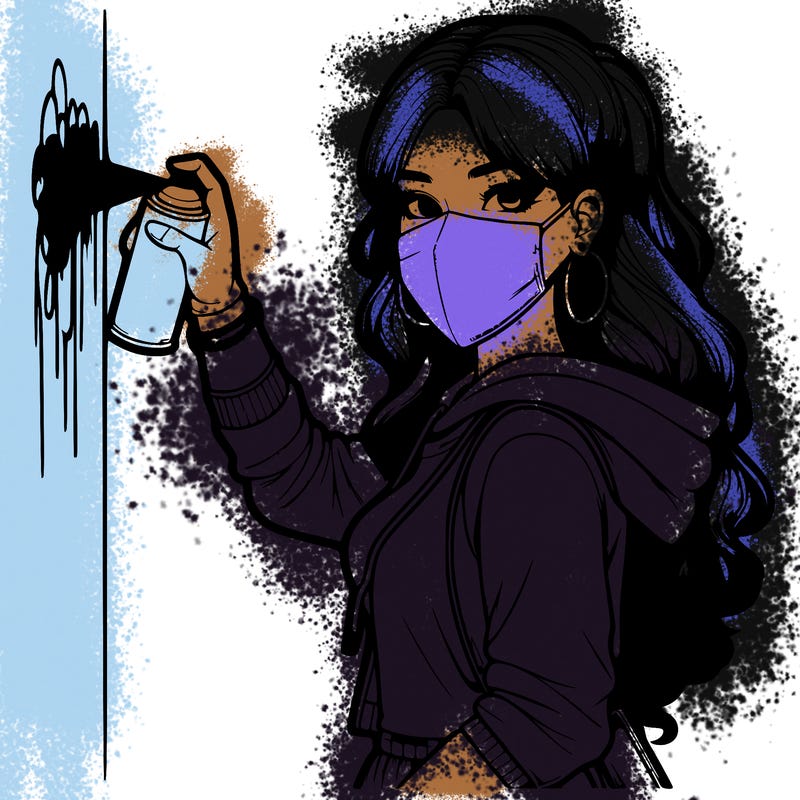 realistic girl with mask spray painting a wall