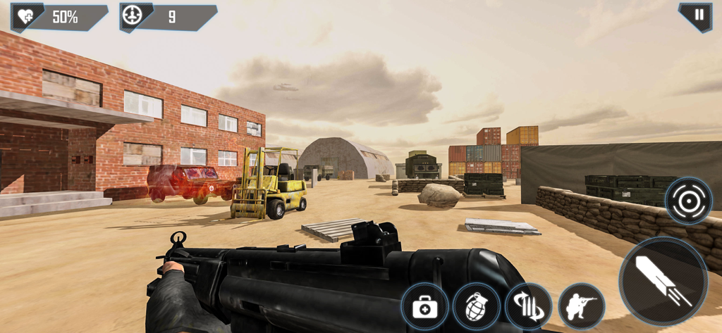 Modern Battlefield FPS Combat - A first person view of a combat shooter holding a tactical gun in a 3D military base environment