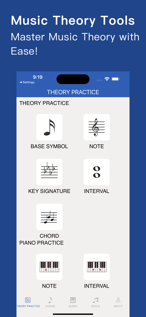 Interface do aplicativo Music Tutor mostrando vários modos de teoria musical e prática de piano