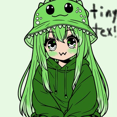 girl with anime shaped eyes with a dinosaur bucket hat oversized sweatshirt long straight hair