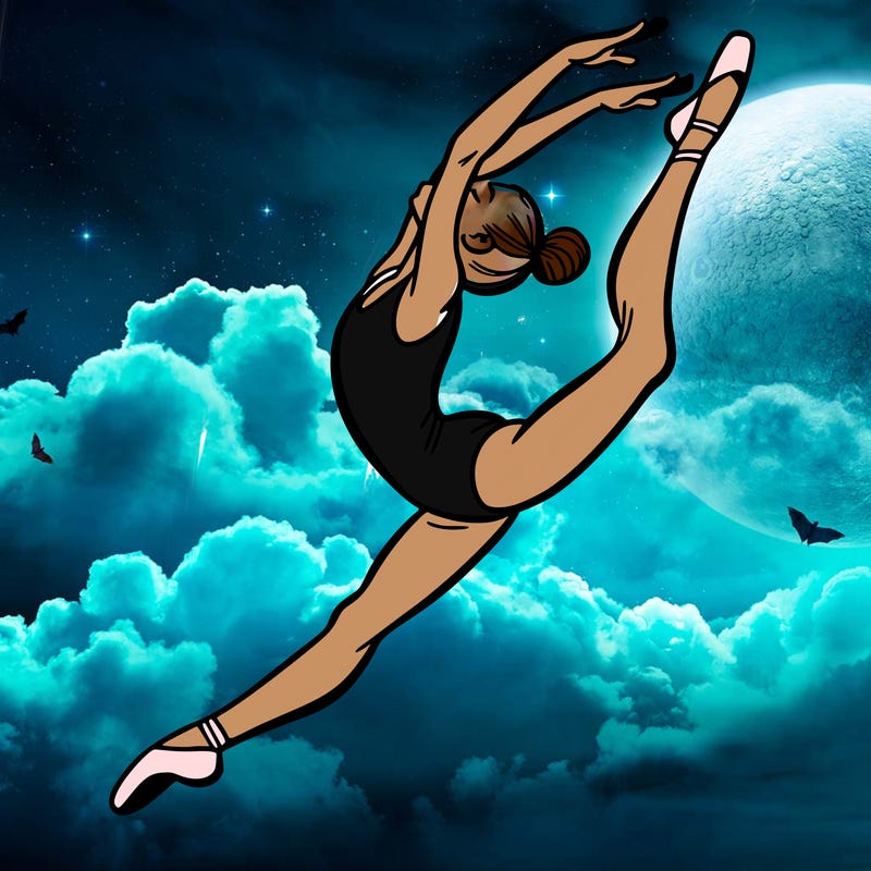 gymnast doing a leap in a leotard with a bent back leg